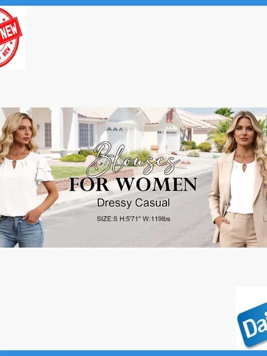 Textured Ruffle Sleeve V-Neck Blouse, Loose Fit Polyester Top for Work Casual - Picture 7 of 7